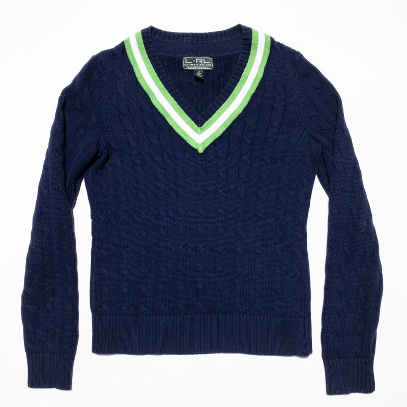 Lauren Ralph Lauren Tennis Sweater Women's Medium Cable-Knit V-Neck Blue Green