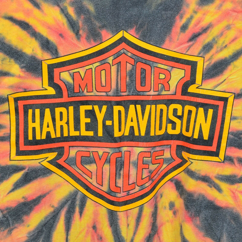 Vintage 90s Harley-Davidson Men's Large Tie-Dye Flames Big Logo All Over T-Shirt