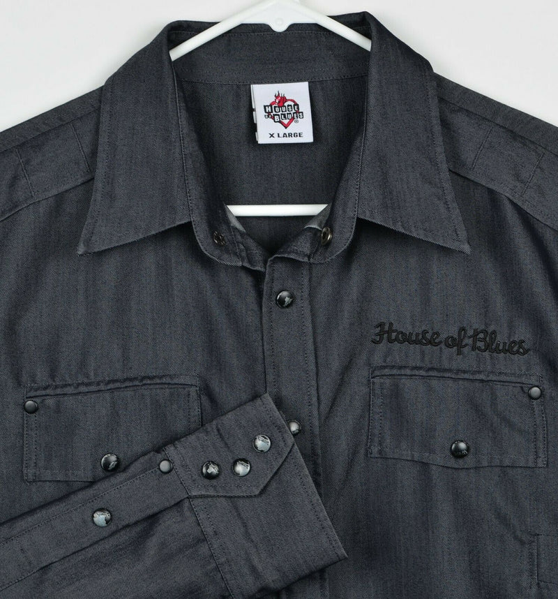 House Of Blues Men's XL Snap Front Embroidered Shiny Gray Rockabilly Shirt