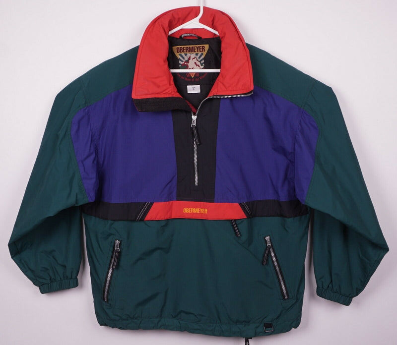 Vintage 90s Obermeyer Men's Large Anorak Colorblock Red Violet Green Ski Jacket