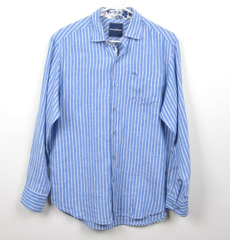Tommy Bahama Men's Sz Small 100% Linen Blue Striped Marlin Resort Camp Shirt