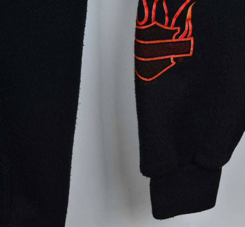 Vintage 90s Harley-Davidson Men's Large Flames Sleeves Black Hoodie Sweatshirt