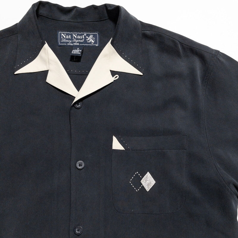 Nat Nast Silk Shirt Men's Medium Loop Collar Diamond Embroidered Black Beige