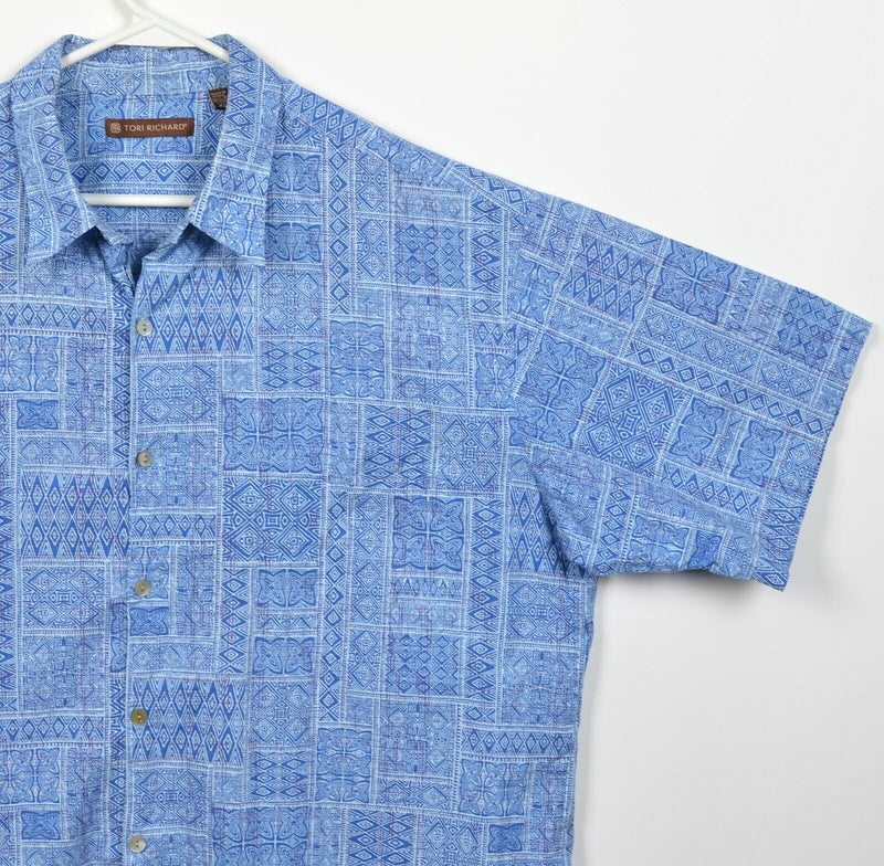 Tori Richard Men's XL Blue Geometric Cotton Lawn Hawaiian Aloha Camp Shirt