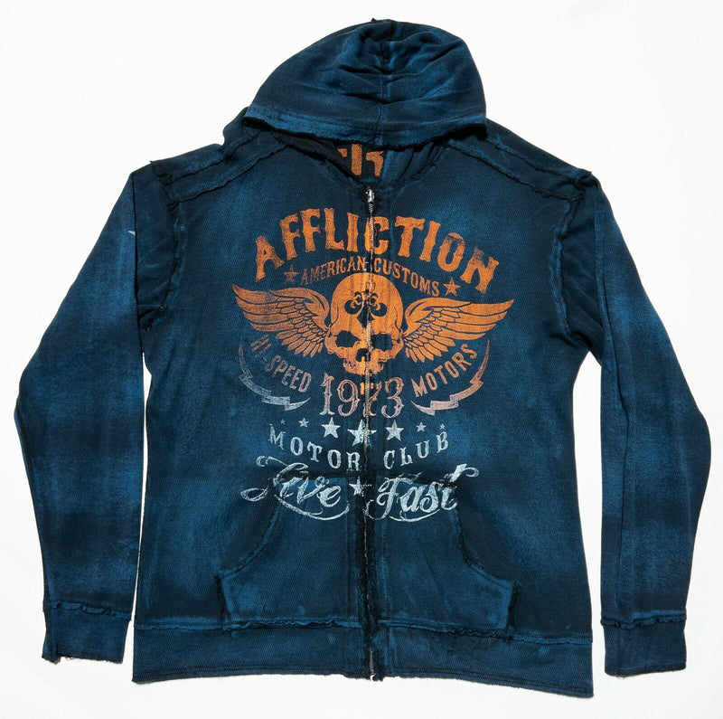 Affliction Reversible Men's 3XL Blue Black Motor Club Skull Full Zip Sweatshirt