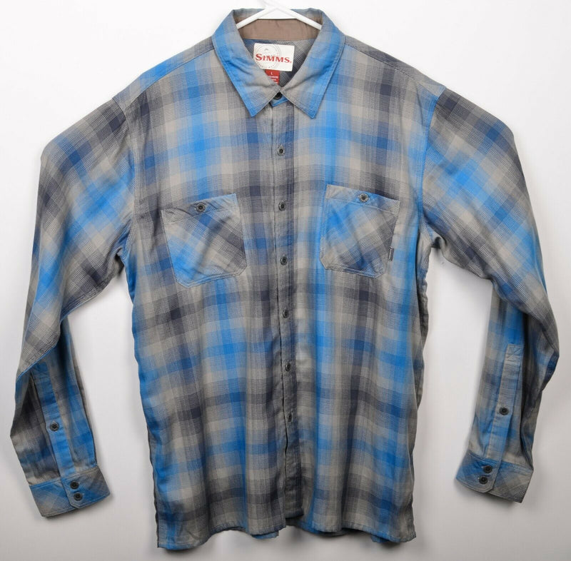 Simms Fishing Men's Large Blue Polyester Tencel Blend Flannel Button-Front Shirt