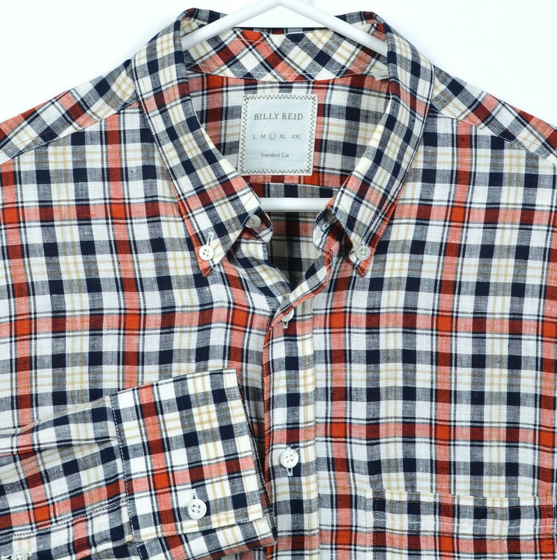 Billy Reid Men's Large Standard Cut 100% Linen Orange Navy Plaid Italy Shirt