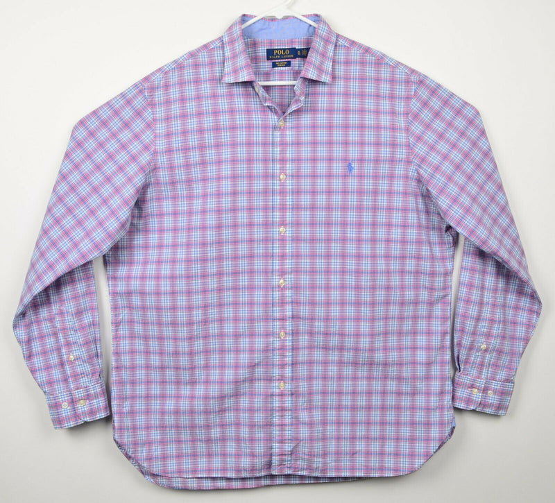 Polo Ralph Lauren Men's Sz XL Stretch Pink Blue Plaid Button-Front Shirt