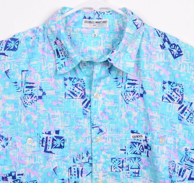 Vtg 90s Guess Men's Sz Large 3 Georges Marciano Blue Teal Purple Hawaiian Shirt