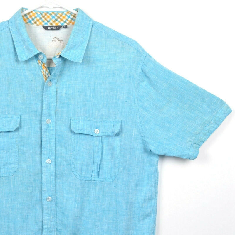 Bohio Men's Sz Large 100% Linen Blue Button-Front Hawaiian Camp Shirt