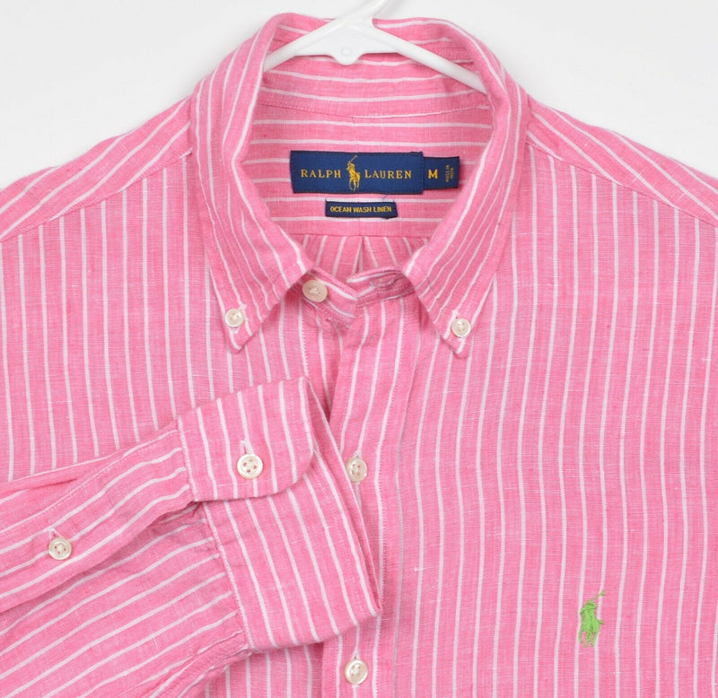 Polo Ralph Lauren Men's Medium Ocean Wash Linen Pink Striped Button-Down Shirt