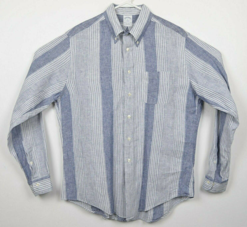 Brooks Brothers Men's Large Slim Fit 100% Linen Blue Striped Button-Down Shirt