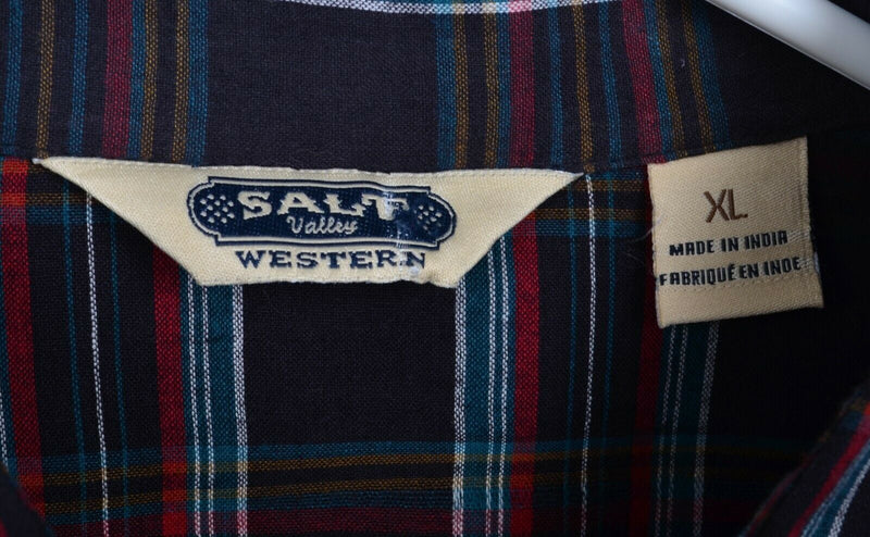 Salt Valley Western Men's XL Pearl Snap Black Red Plaid Western Rockabilly Shirt