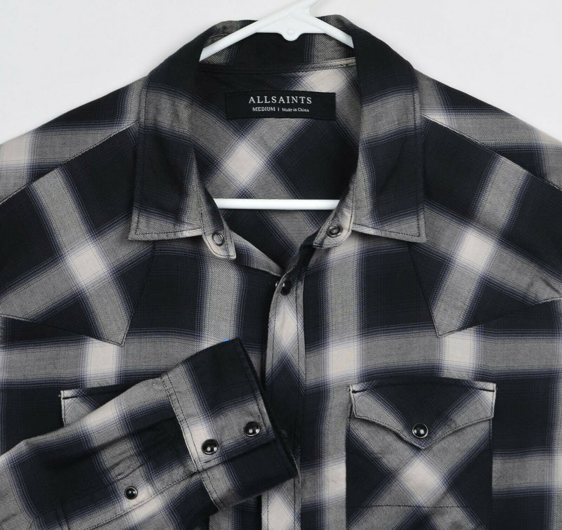 AllSaints Men's Sz Medium Pearl Snap Black White Plaid Greenboro LS Shirt