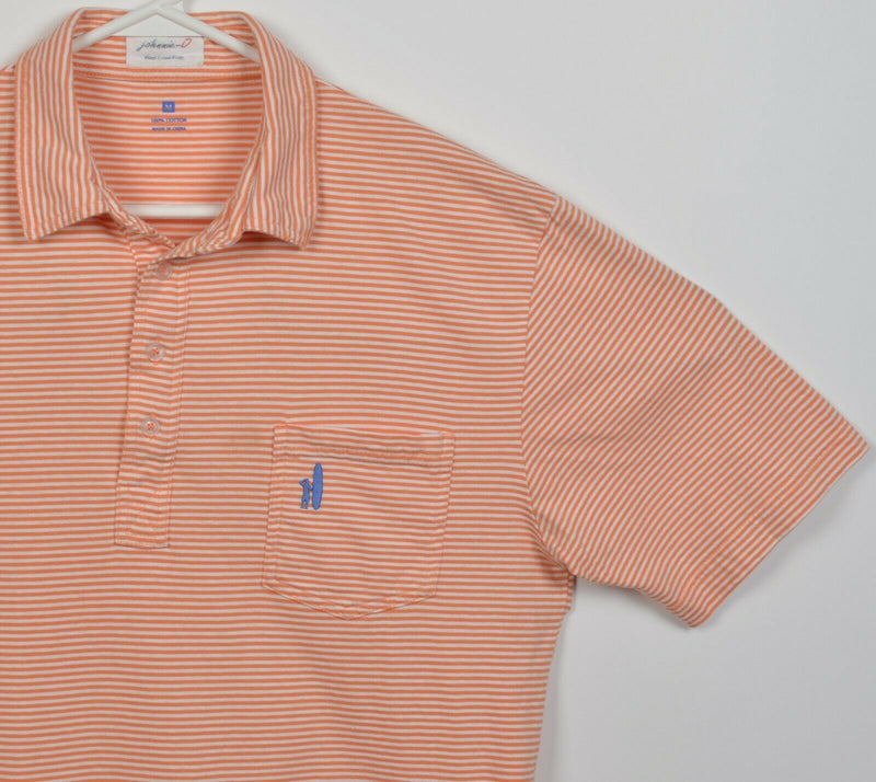 Johnnie-O Men's Medium Orange White Striped Surfer Logo Preppy Pocket Polo Shirt