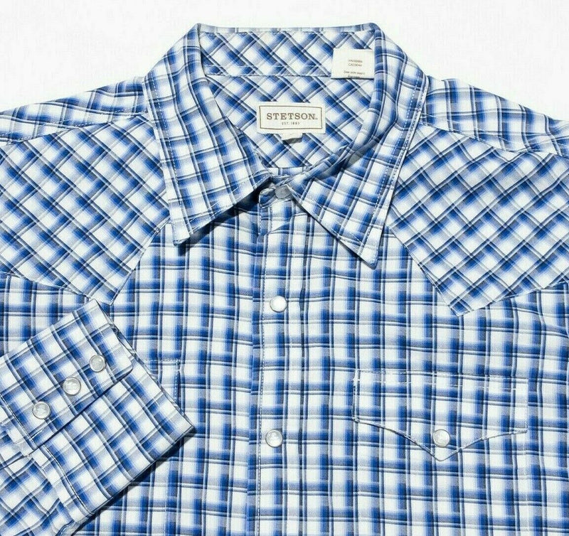 Stetson Pearl Snap Shirt Men's Large Blue Plaid Western Rockabilly Long Sleeve