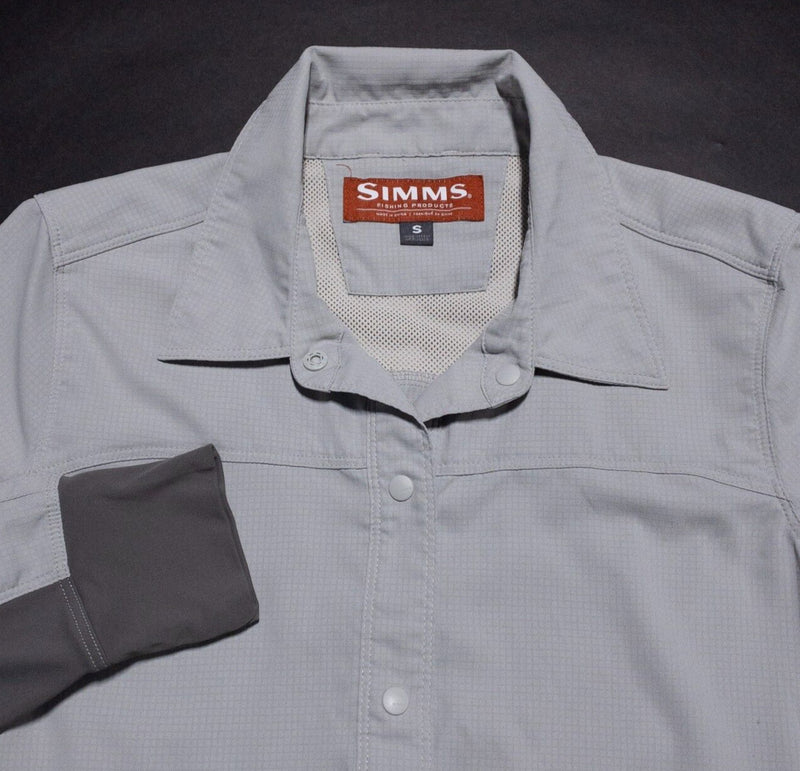 Simms Fishing Shirt Women's Small Snap-Front Long Sleeve Gray Wicking Stretch