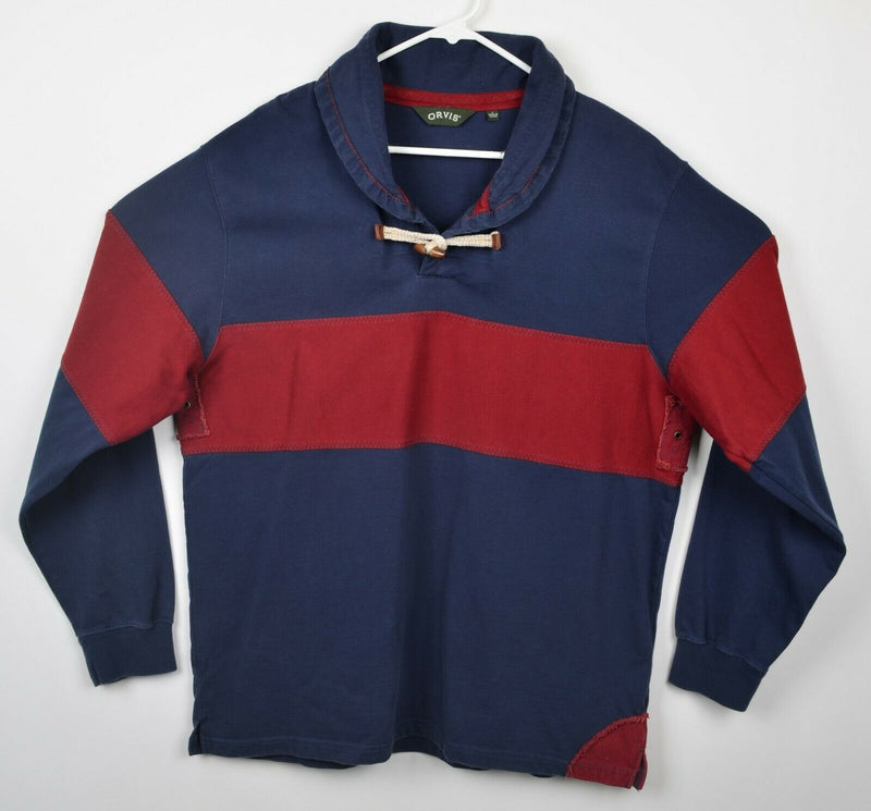 Orvis Men's Sz Large Shawl Collar Toggle Navy Blue Red Stripe Sweater
