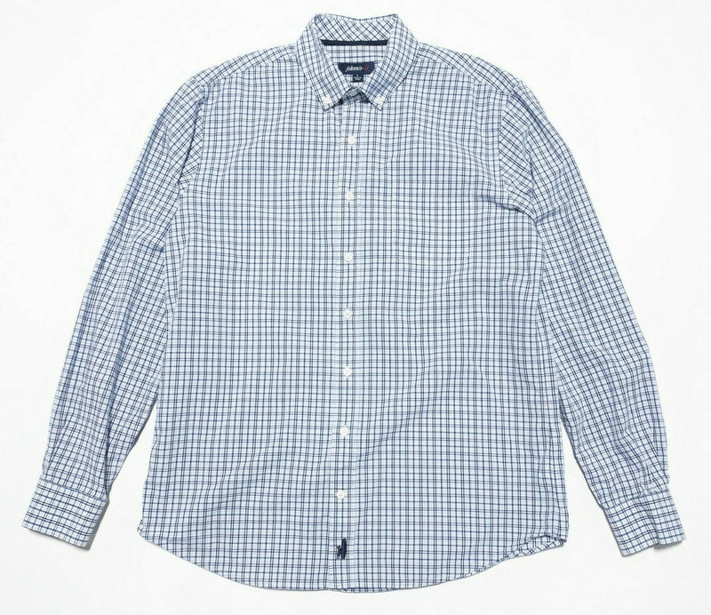 johnnie-O Button-Down Shirt White Blue Check Preppy Surfer Logo Men's Large