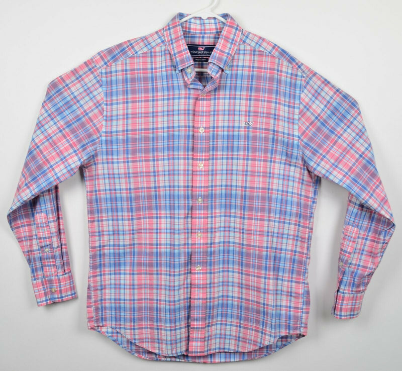 Vineyard Vines Men's Medium "Whale Shirt" Pink Blue Plaid Button-Down Shirt