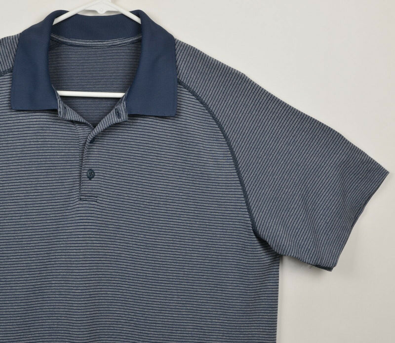 Lululemon Men's Sz XL Gray Navy Blue Striped Athleisure Short Sleeve Polo Shirt