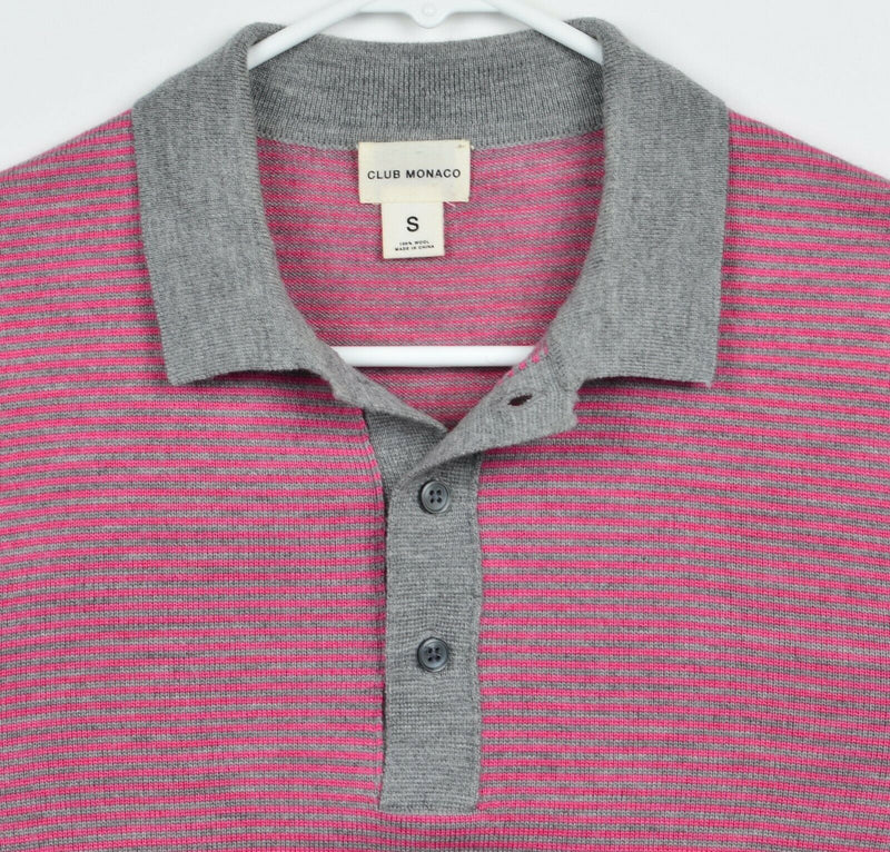 Club Monaco Men's Small 100% Wool Pink Gray Striped Collared Shirt Sweater