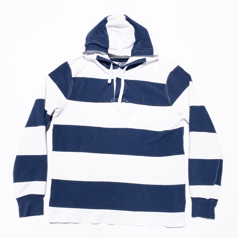 Polo Ralph Lauren Rugby Hoodie Men's Large Blue White Chunky Stripe Pullover