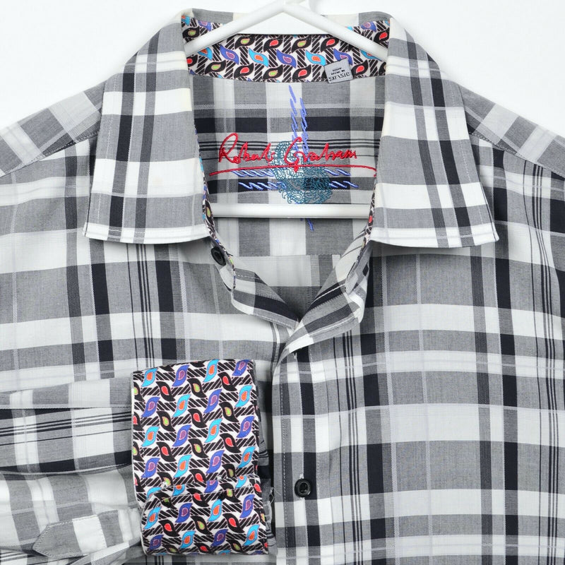 Robert Graham Men's 2XL Flip Cuff Gray Plaid Designer Button-Front Shirt