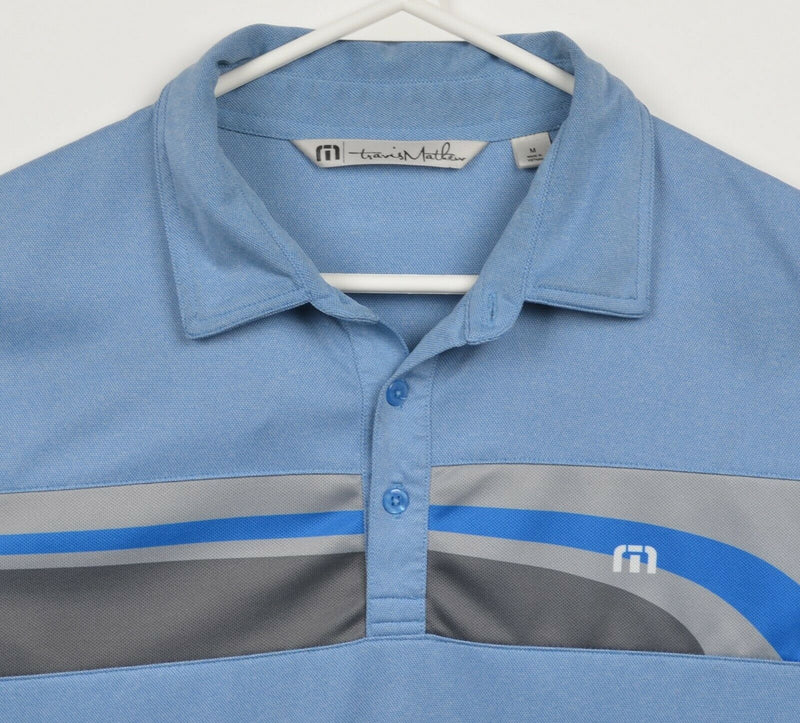 Travis Mathew Men's Medium Blue Gray Striped Polyester Wicking Golf Polo Shirt