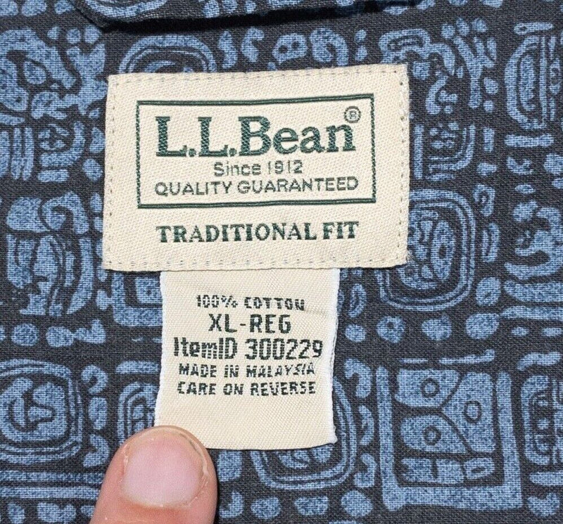 L.L. Bean Hawaiian Shirt XL Men's Tropics Print Camp Collar Blue Mayan Aloha