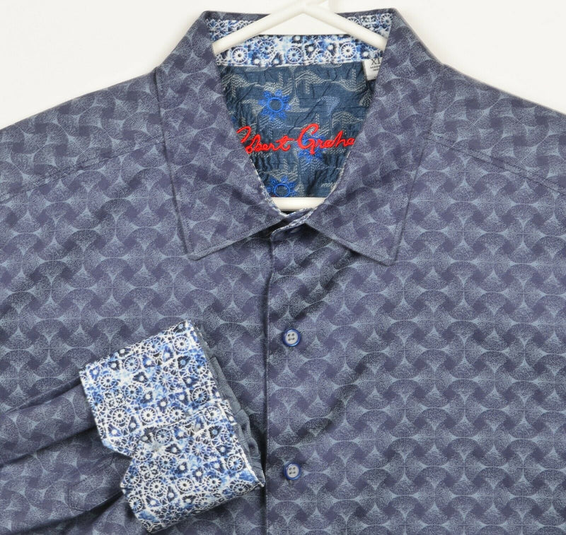 Robert Graham Men's XL Classic Fit Flip Cuff Blue Geometric Wavy Designer Shirt