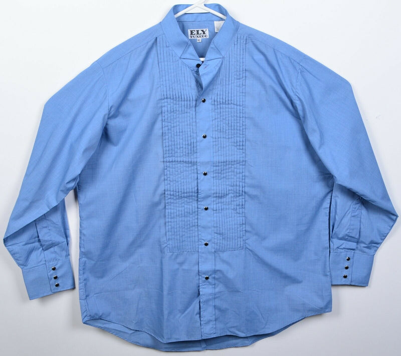 Ely Tuxedo Men's XL Pearl Snap Blue Ruffle Pleated Cowboy Tux Collar Dress Shirt