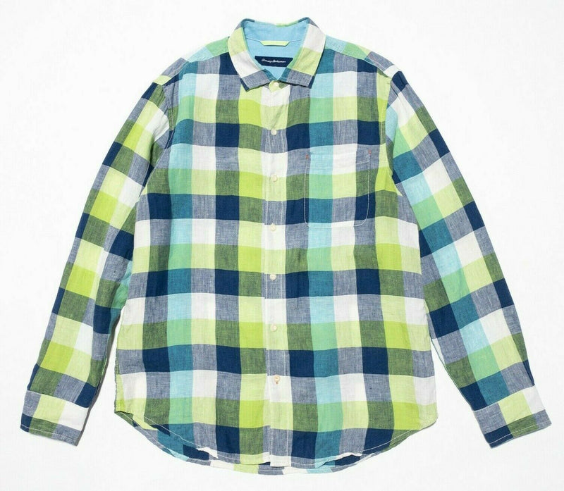 Tommy Bahama Linen Shirt Medium Men Green Blue Check Long Sleeve Button-Front