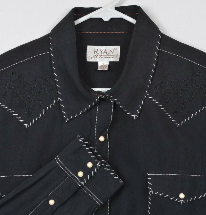 Ryan Michael Women's Large Silk Pearl Snap Embroidered Black Western Shirt
