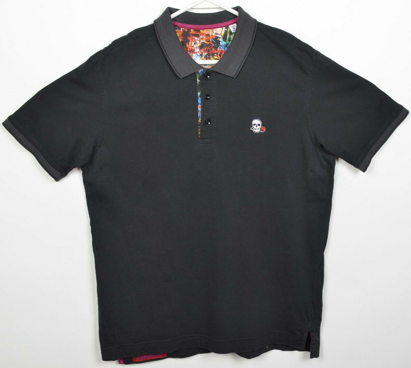 Robert Graham Men's Medium Classic Fit Skull Rose Embroidered Black Polo Shirt