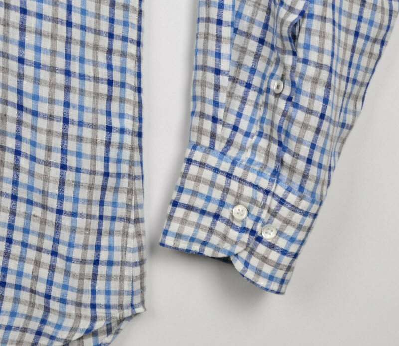 J. McLaughlin Men's Sz Large 100% Linen Blue Gray Plaid Check Long Sleeve Shirt