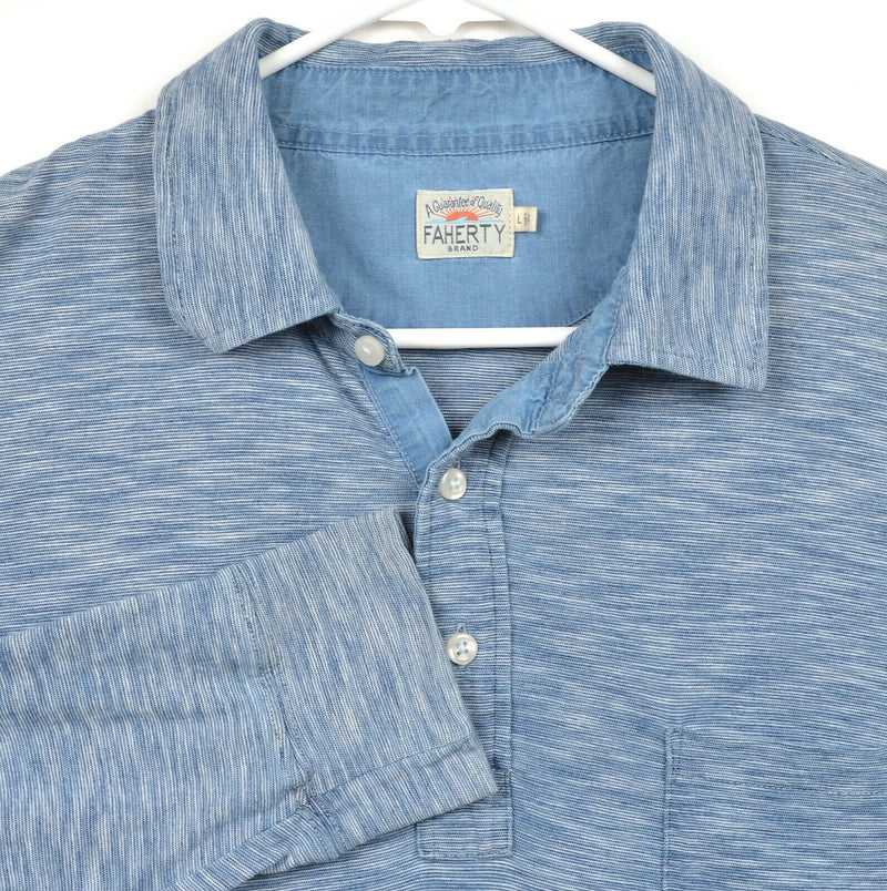 Faherty Brand Men's Large Indigo Dyed Heather Blue Pocket Long Sleeve Polo Shirt