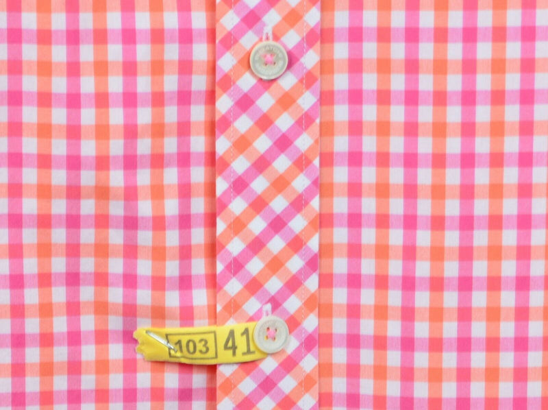 Bugatchi Men's 2XL? Flip Cuff Pink Orange Check Designer Button-Front Shirt