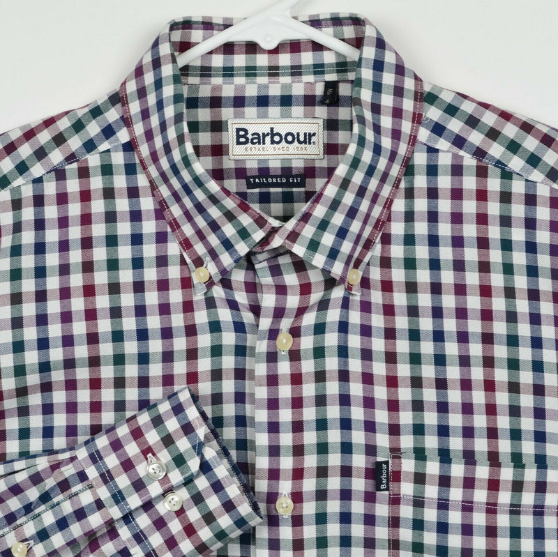 Barbour Men's Large Tailored Fit "Bibury" Red Purple Check Button-Down Shirt