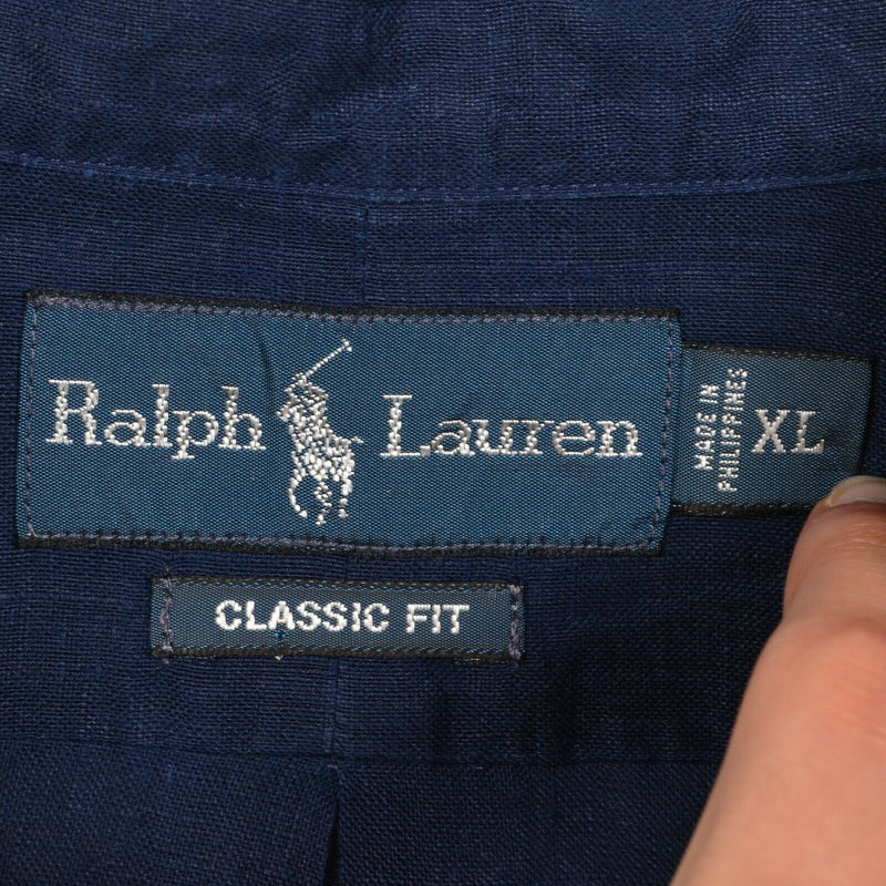 Polo Ralph Lauren Men's XL Classic Fit 100% Linen Navy Blue Button-Down Shirt