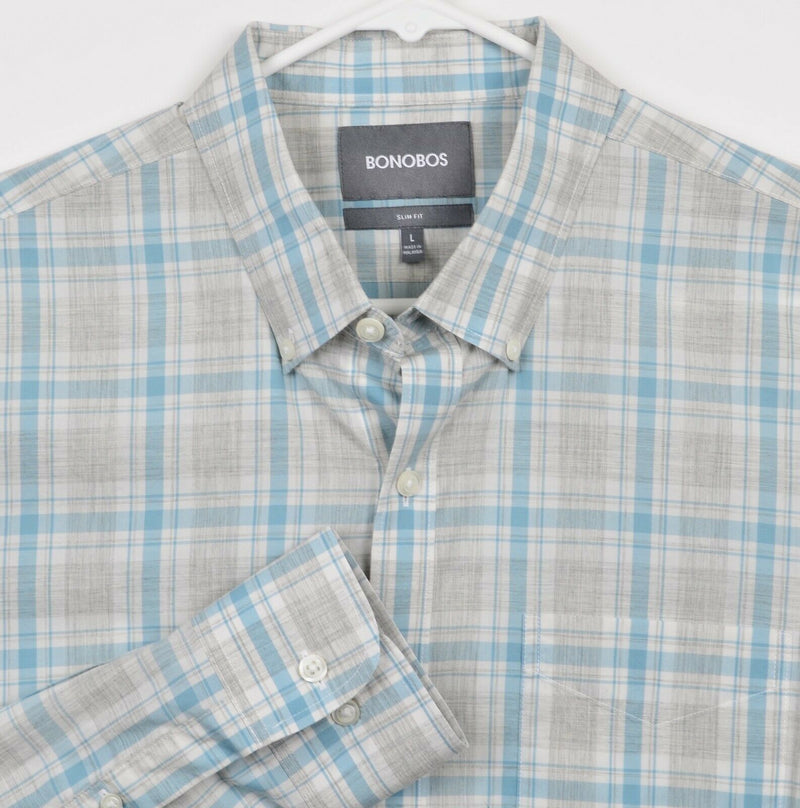 Bonobos Men's Large Slim Fit Gray Blue Plaid Long Sleeve Button-Down Shirt