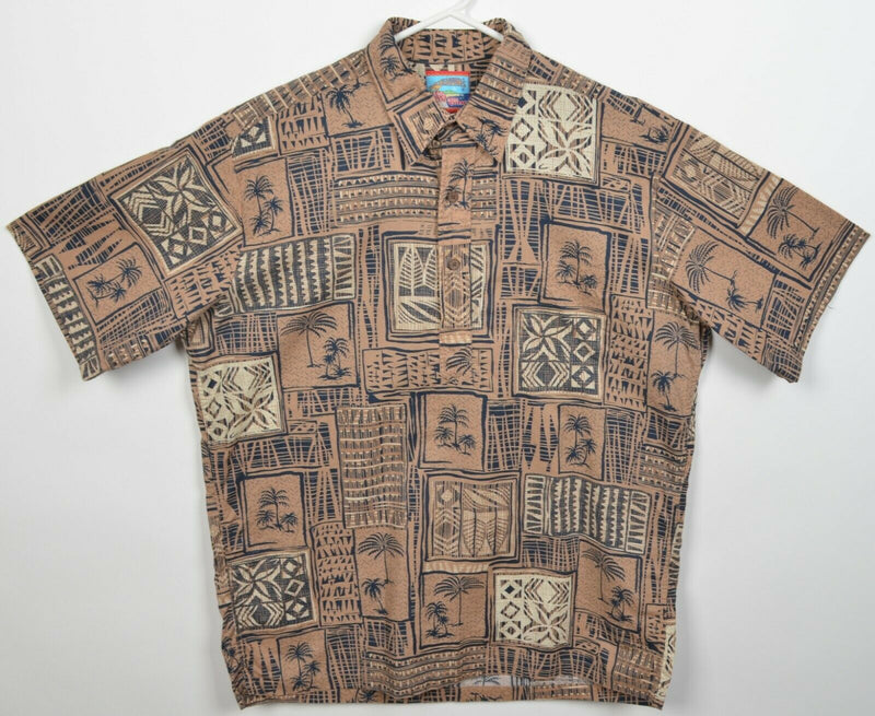 Reyn Spooner Men's Large Brown Geometric Floral Palm Tree Hawaiian Aloha Shirt