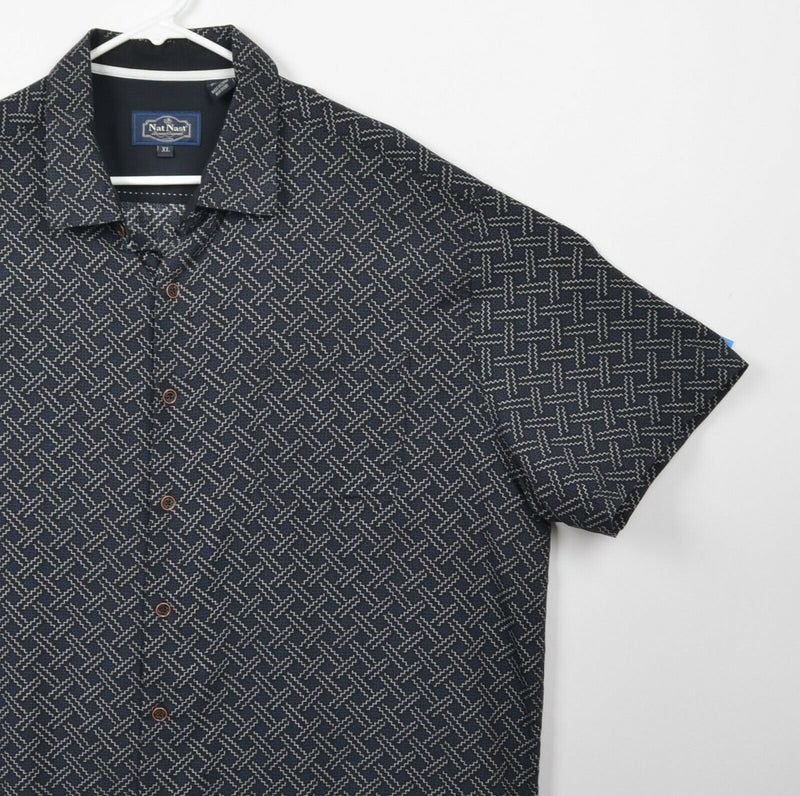 Nat Nast Men's Sz XL Silk Blend Navy Blue Black Geometric Hawaiian Camp Shirt
