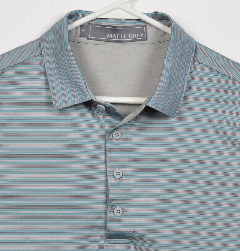 Matte Grey Men's Large Blue Gray Striped Polyester Wicking Golf Polo Shirt