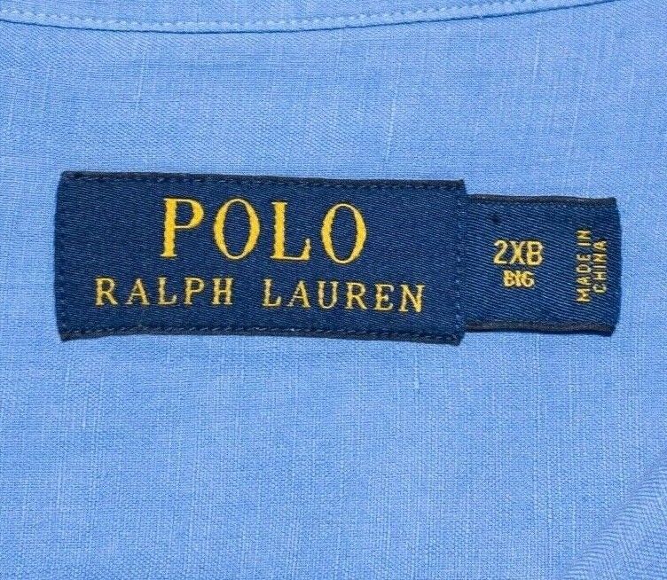 Polo Ralph Lauren 2XB Big Camp Shirt Men Linen Silk Blend Solid Blue Loop Collar