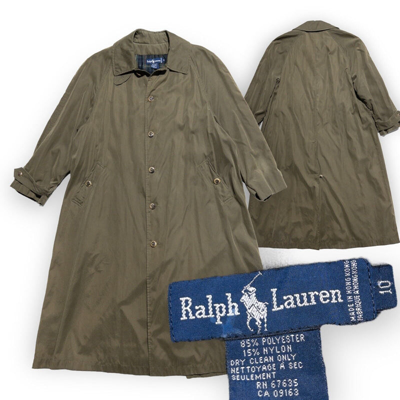 Vintage Ralph Lauren Trench Coat Women's 10 Olive Green Embellished Buttons 90s