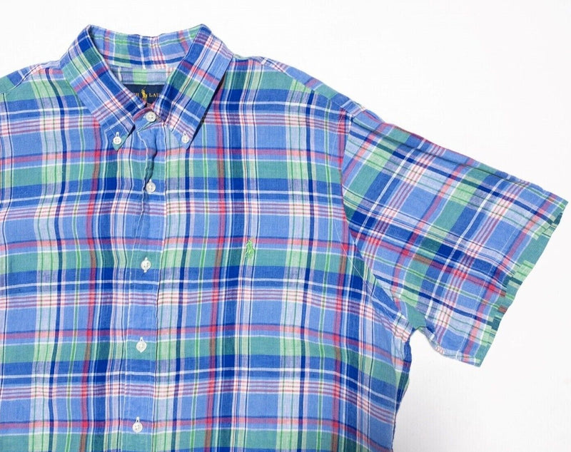 Polo Ralph Lauren Linen Shirt Large Men's Plaid Blue Colorful Button-Down