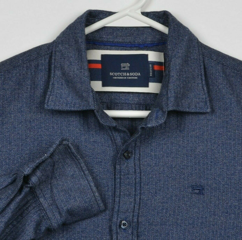 Scotch & Soda Men Small Regular Fit Blue Sewing Machine Logo Button-Front Shirt