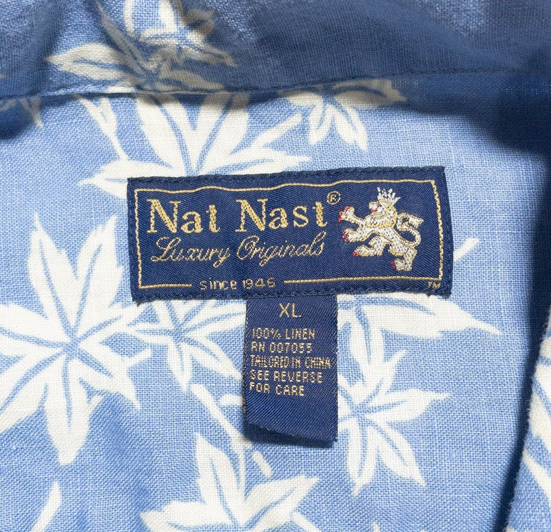 Nat Nast Linen Shirt Men's XL Button-Up Blue Floral Leaf Print Hawaiian Bowling