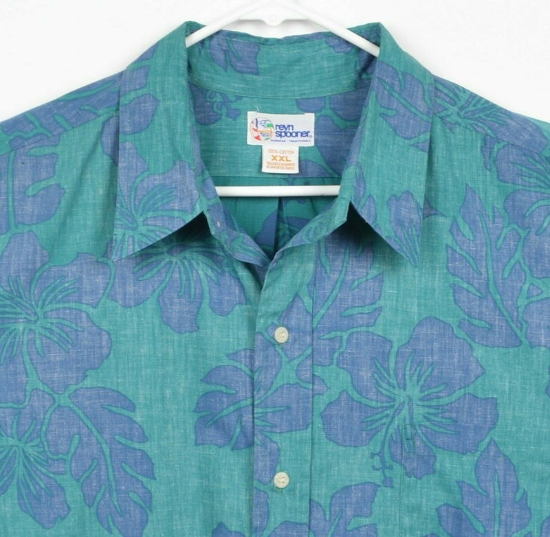 Reyn Spooner Men's Sz 2XL Blue Green Floral Button-Front Hawaiian Aloha Shirt